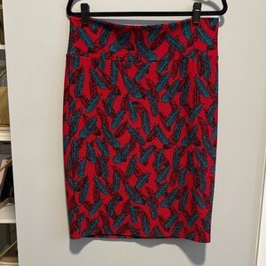 LuLaRoe Red and Blue Feather Pencil Skirt